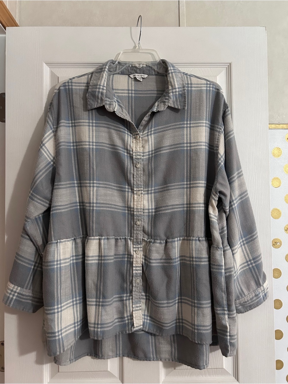 American Eagle Gray, Blue and Cream Plaid Button-Front Peplum Flannel Shirt